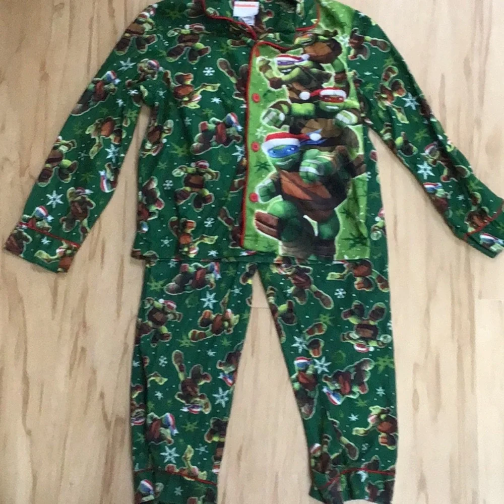 Nickelodeon Santa Ninja‎ Turtles Green Flannel Pajama PJ’s Set Size 8